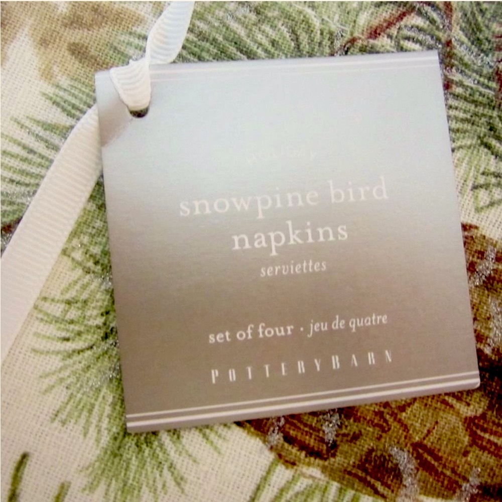 Pottery Barn Snowy Pine Bird Set/4 Cloth Napkins Pine Cones & Chickadees 🍁🍂